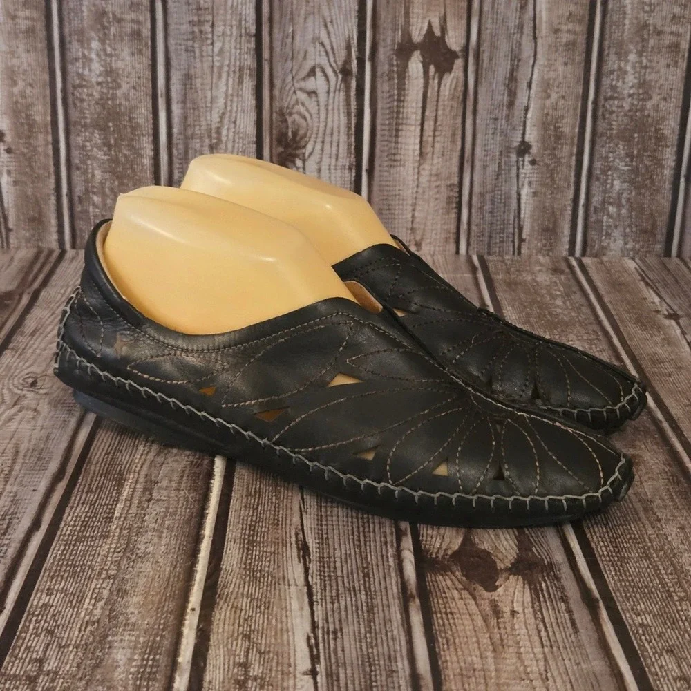 39 / 8.5-9 Pikolinos Jerez Black Leather Skimmer Floral Cutout Flats Shoes VGUC